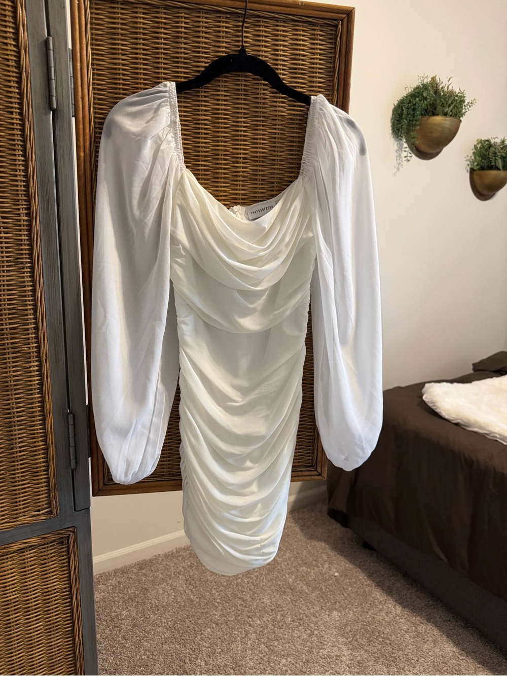 White Draped Long-Sleeve Mini Dress with Puff Sleeves